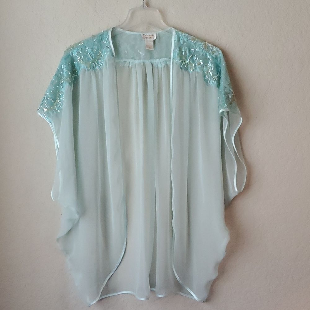 Vtg Victoria's Secret Gold Label Mint Teal Sheer Kimono Robe M Sequin Beaded - Picture 5 of 8